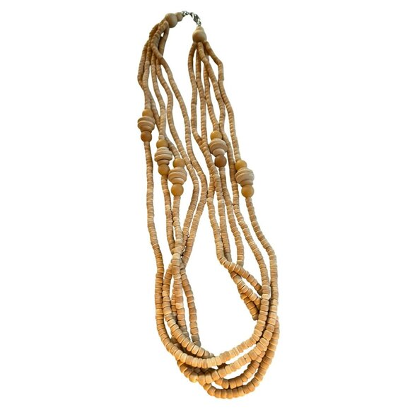 Handcrafted Multi-Strand Natural Beige Wooden Boho Beaded Necklace - Picture 1 of 5